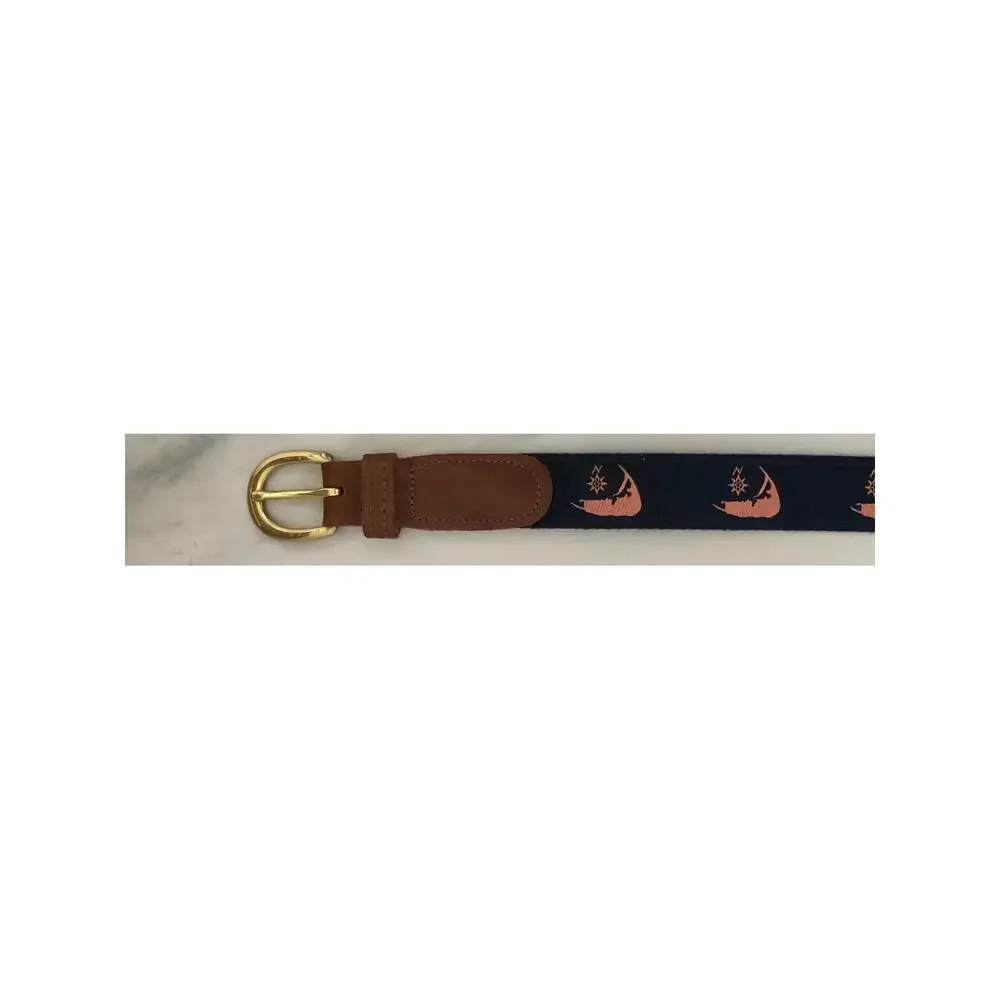 Leather Man Ltd. Nantucket Belt Navy Pink Compass Brown Leather Gold Buckle 44
